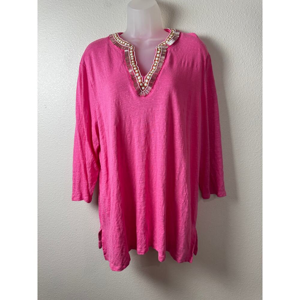 Chico’s Pink 100% Linen Beaded Embellished V-Neck Tunic Top XXL Resort Summer - Picture 2 of 9